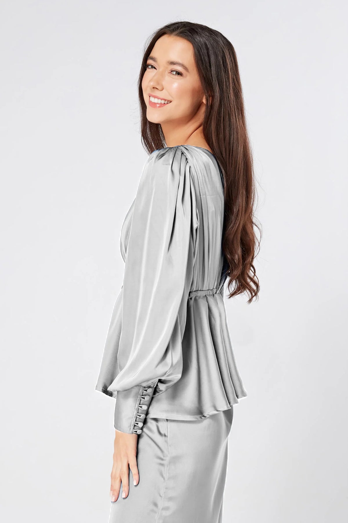 Elisa Silver Crepe Satin Buttoned Blouse