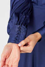 Afina Dark Blue Satin Maxi Dress With Long Sleeves