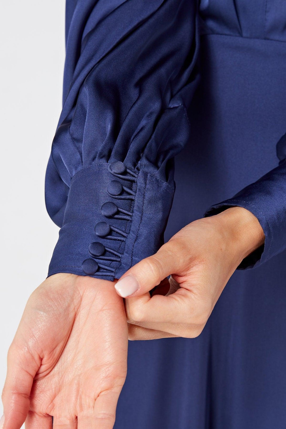 Afina Dark Blue Satin Maxi Dress With Long Sleeves