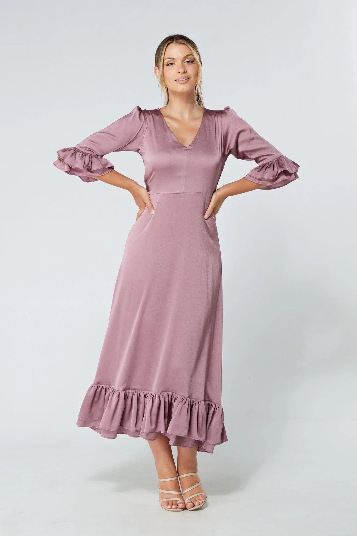 Francesca Satin Feel Lilac Midaxi Dress