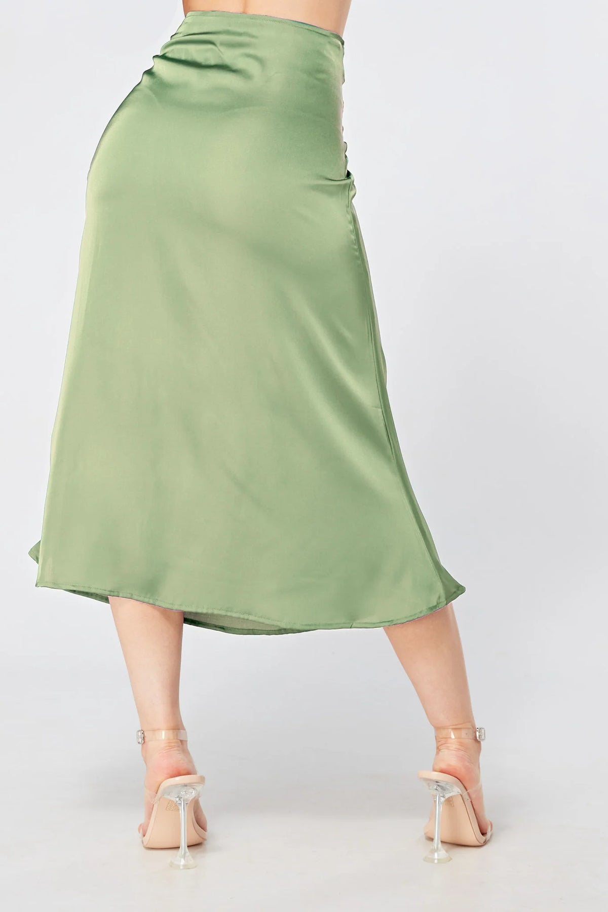 Elisa Olive Satin Midi Skirt