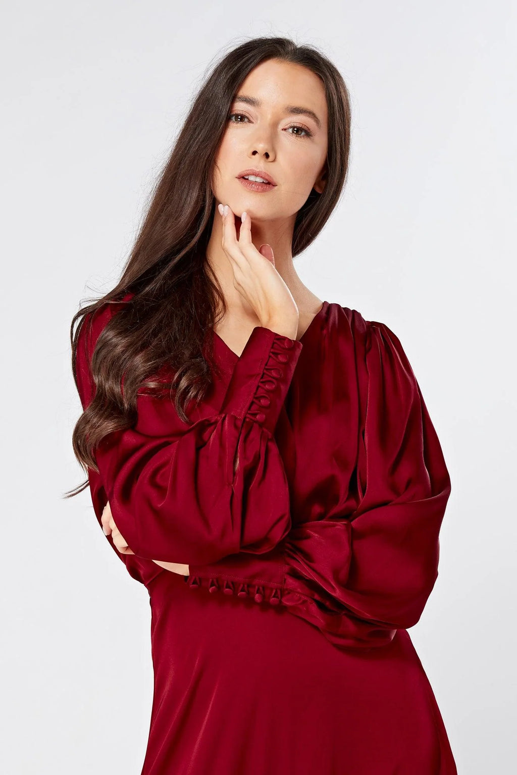 Norina Deep Red Satin Maxi Dress With Long Sleeves