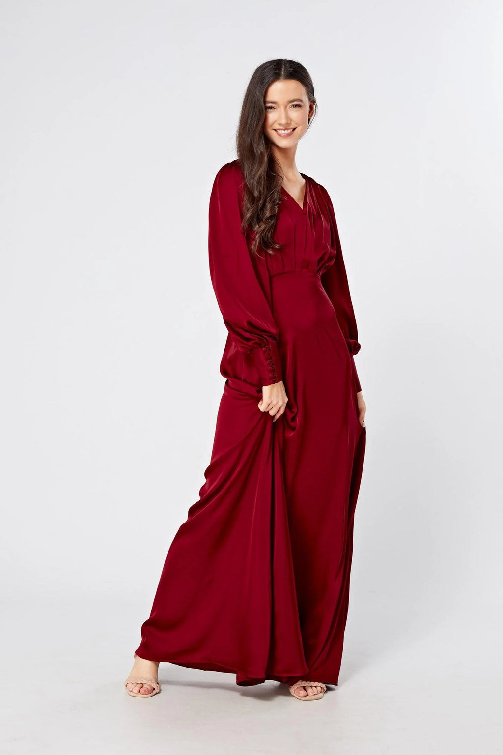 Norina Deep Red Satin Maxi Dress With Long Sleeves