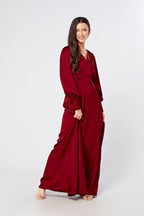 Norina Deep Red Satin Maxi Dress With Long Sleeves