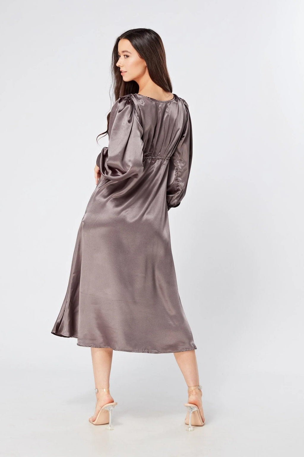 Zara Deep Grey Premium Satin Effect Midi Dress With Long Sleeves
