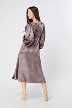 Zara Deep Grey Premium Satin Effect Midi Dress With Long Sleeves