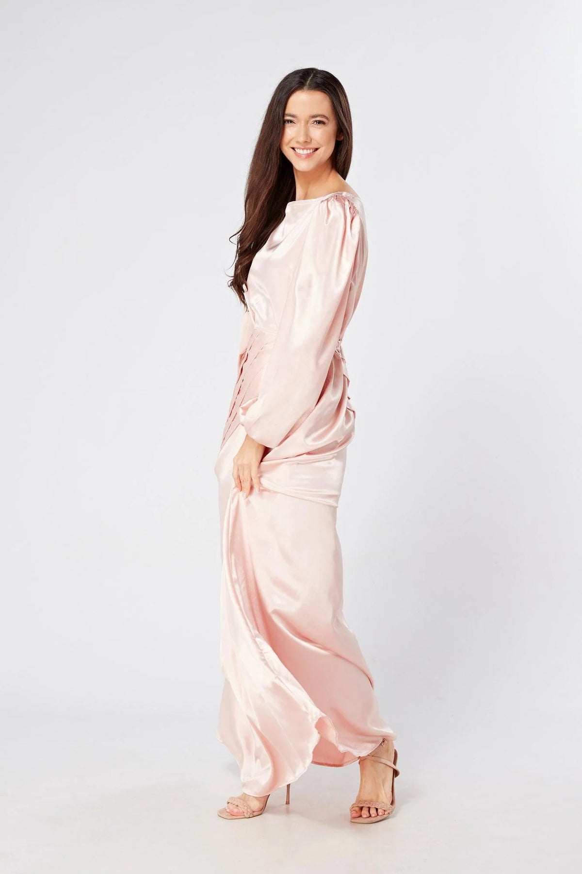 Seraphina Pink Satin Maxi Dress With Long Sleeves