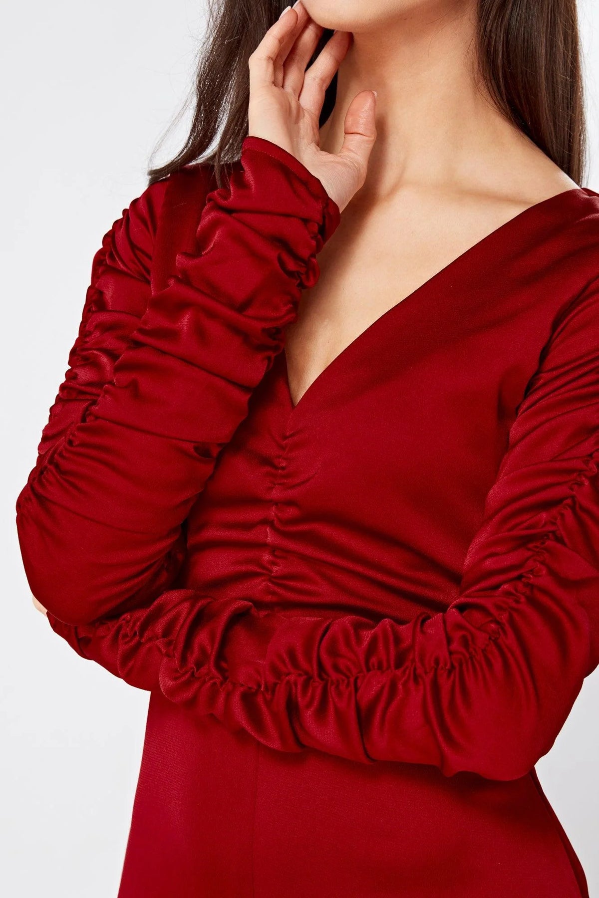 Ella Red Crepe Maxi Dress With Ruched Detail