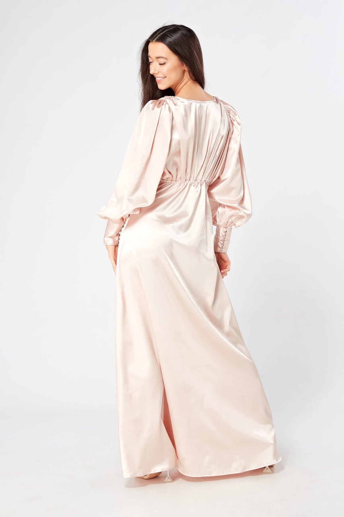 Rosetta Light Rose Pink Satin Maxi Dress With Long Sleeves