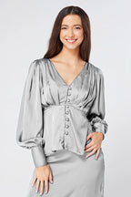 Elisa Silver Crepe Satin Buttoned Blouse
