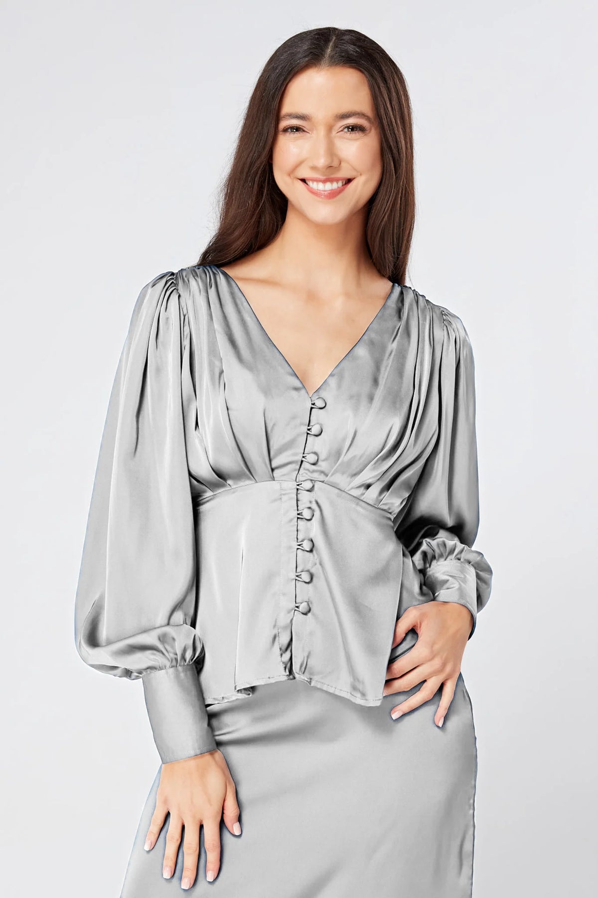 Elisa Silver Crepe Satin Buttoned Blouse