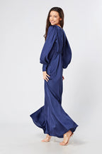 Afina Dark Blue Satin Maxi Dress With Long Sleeves