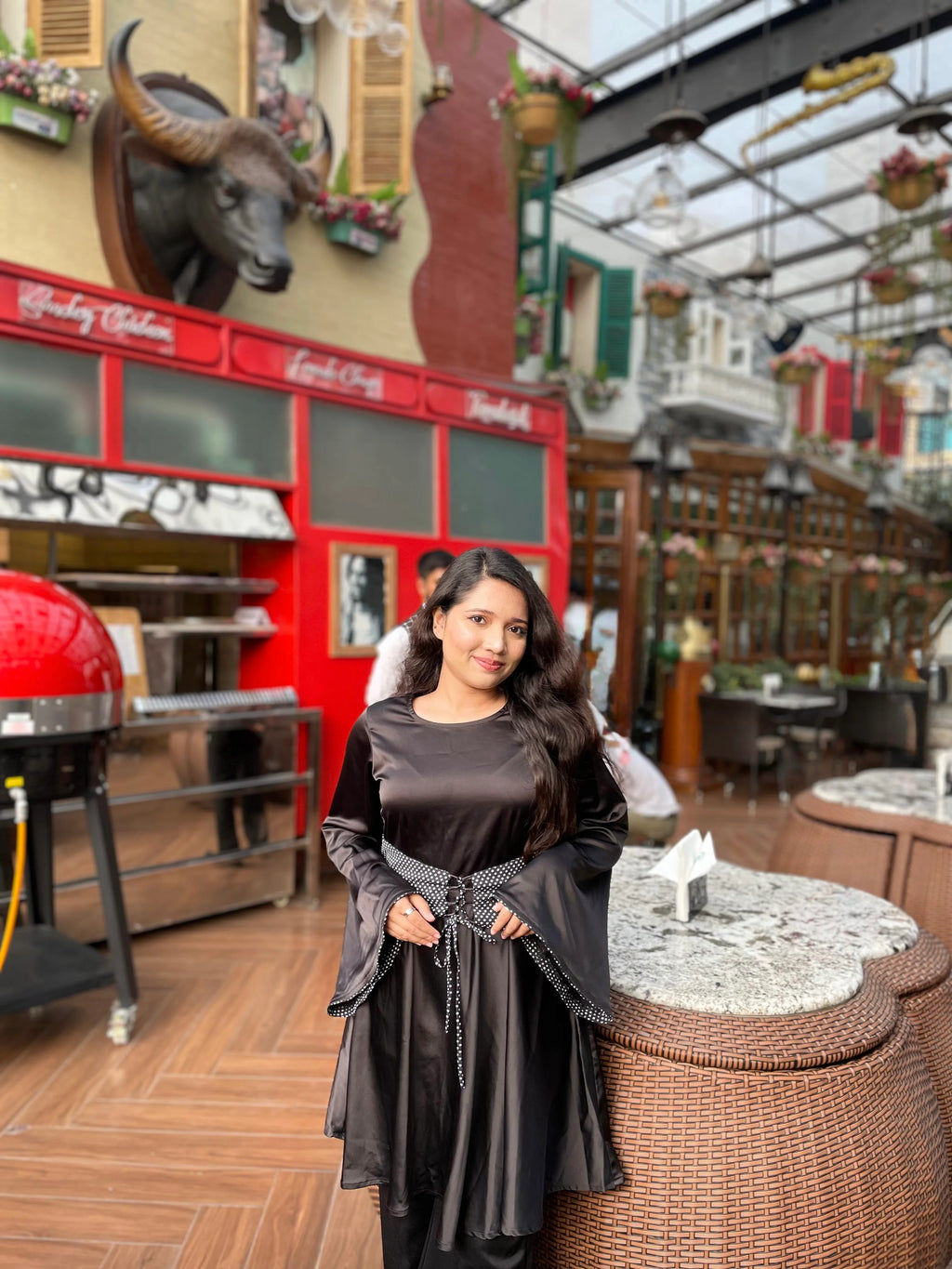Venessa Black Satin Long Top With Drawstrings