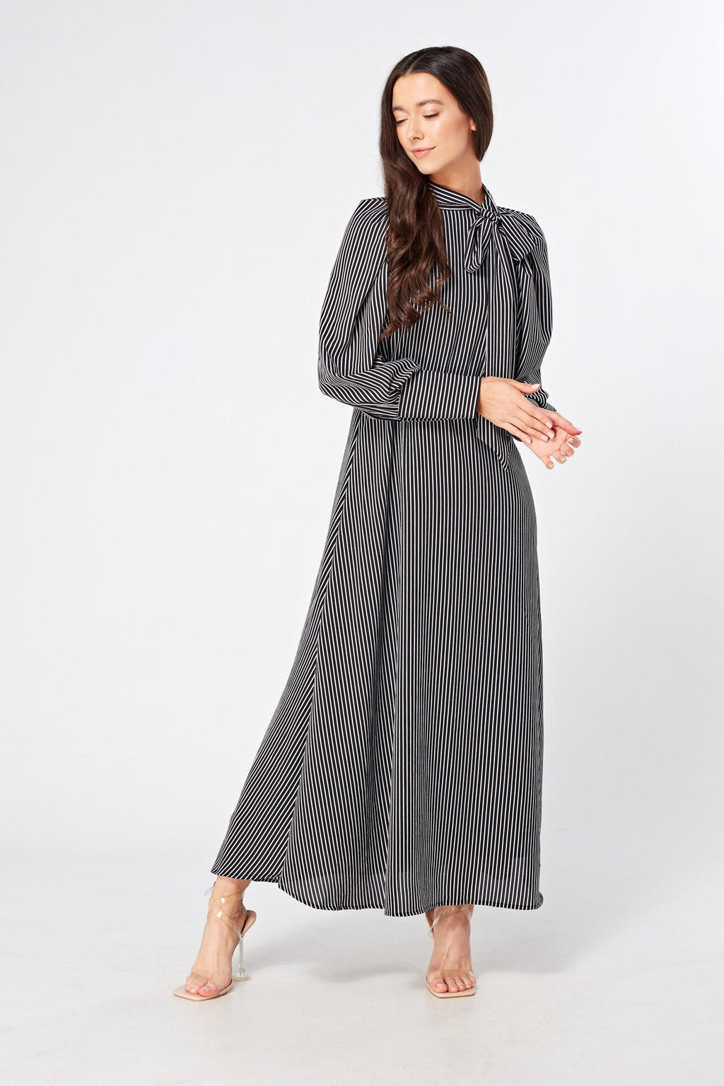 Lilia High Neck Pussybow Black And White Maxi Dress