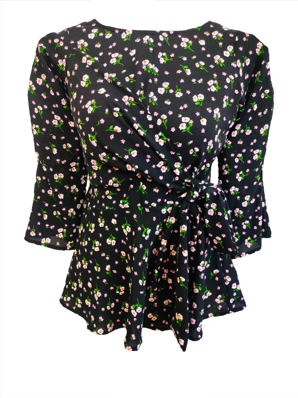 Bella black floral front knotted top