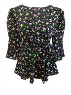 Bella black floral front knotted top