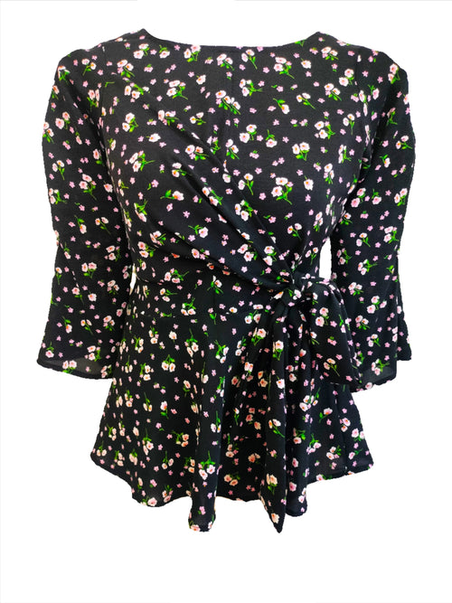 Bella black floral front knotted top