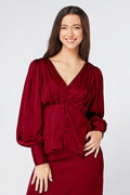 Elisa Deep Red Satin Buttoned Blouse