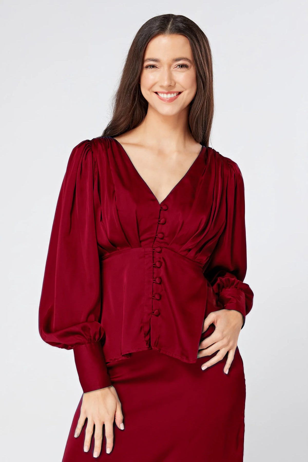 Elisa Deep Red Satin Buttoned Blouse