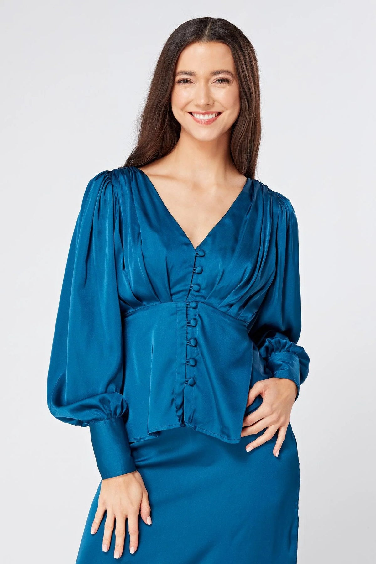 Elisa blue satin buttoned blouse