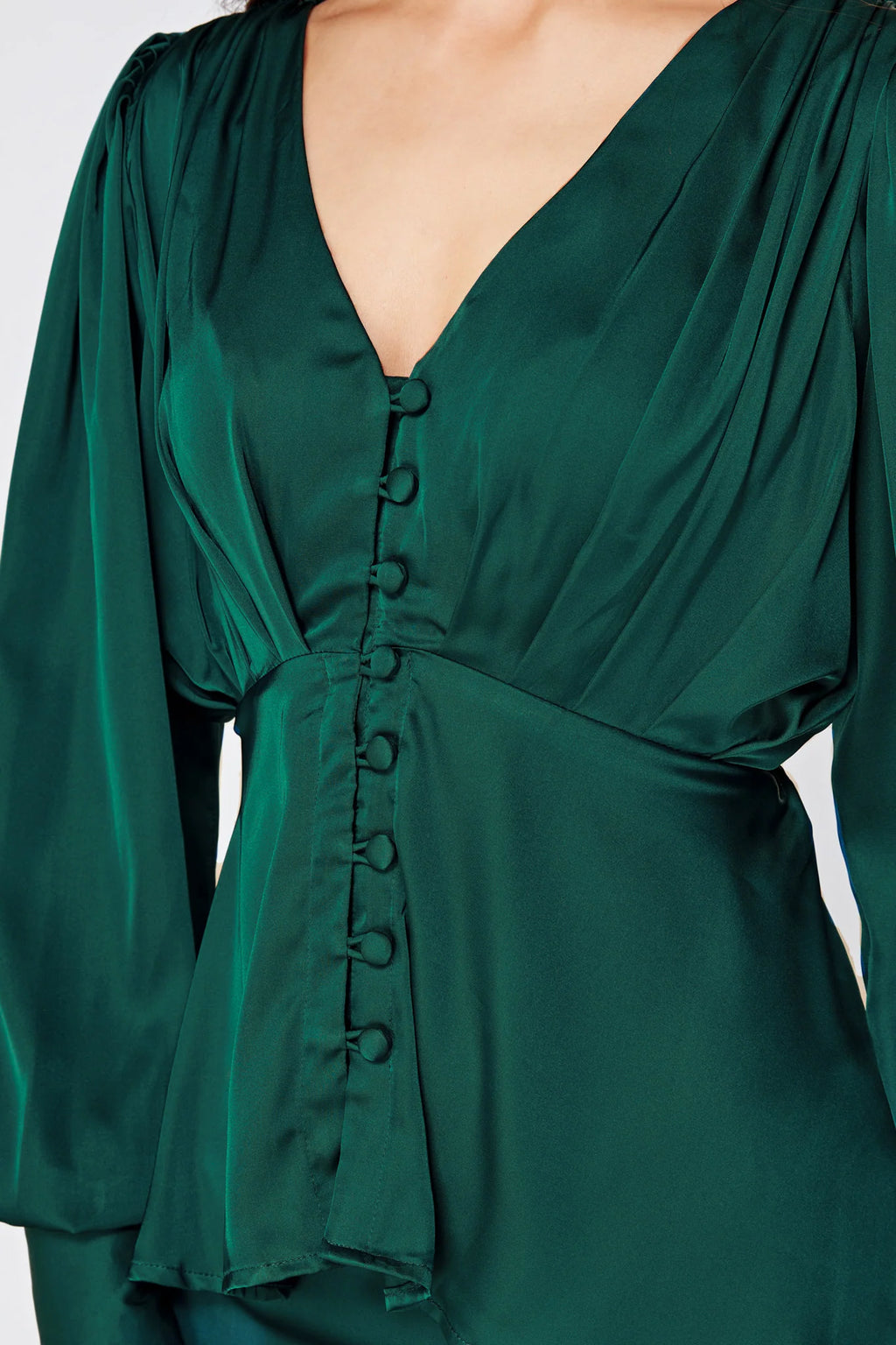 Elisa Dark Green Satin Buttoned Blouse