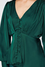Elisa Dark Green Satin Buttoned Blouse