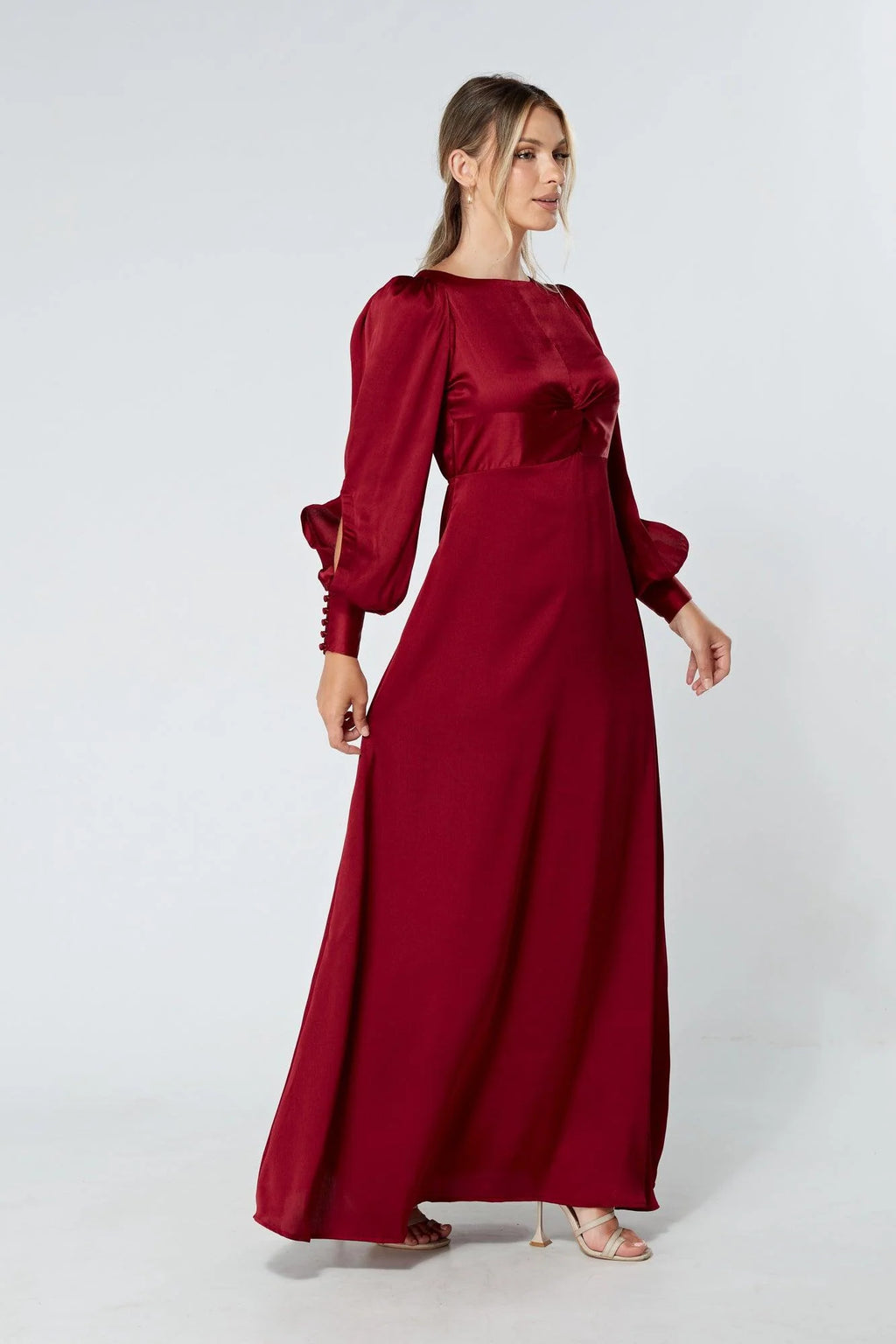 Lila Deep Red Knotted Front Soft Crepe Maxi Dress