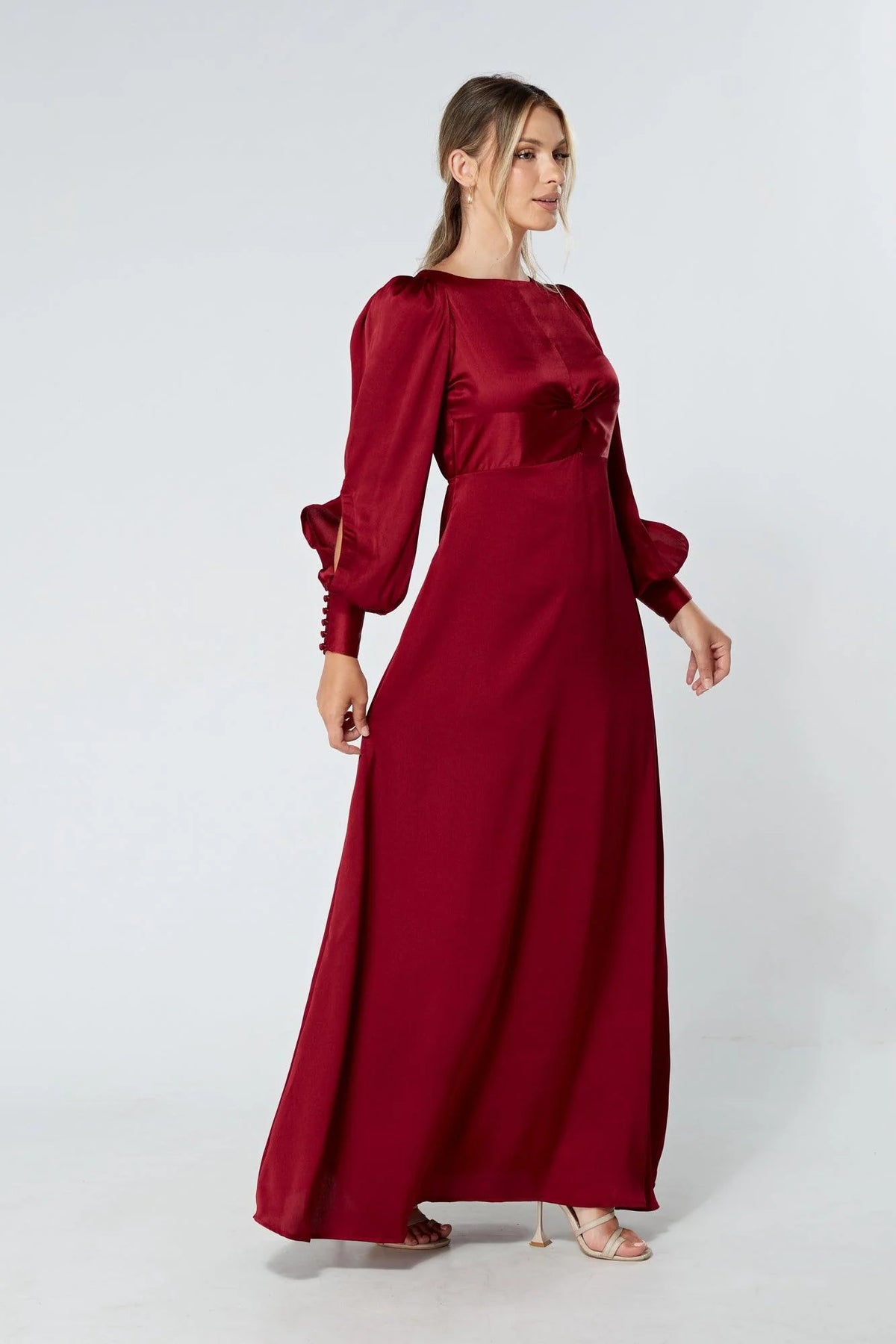 Lila Deep Red Knotted Front Soft Crepe Maxi Dress
