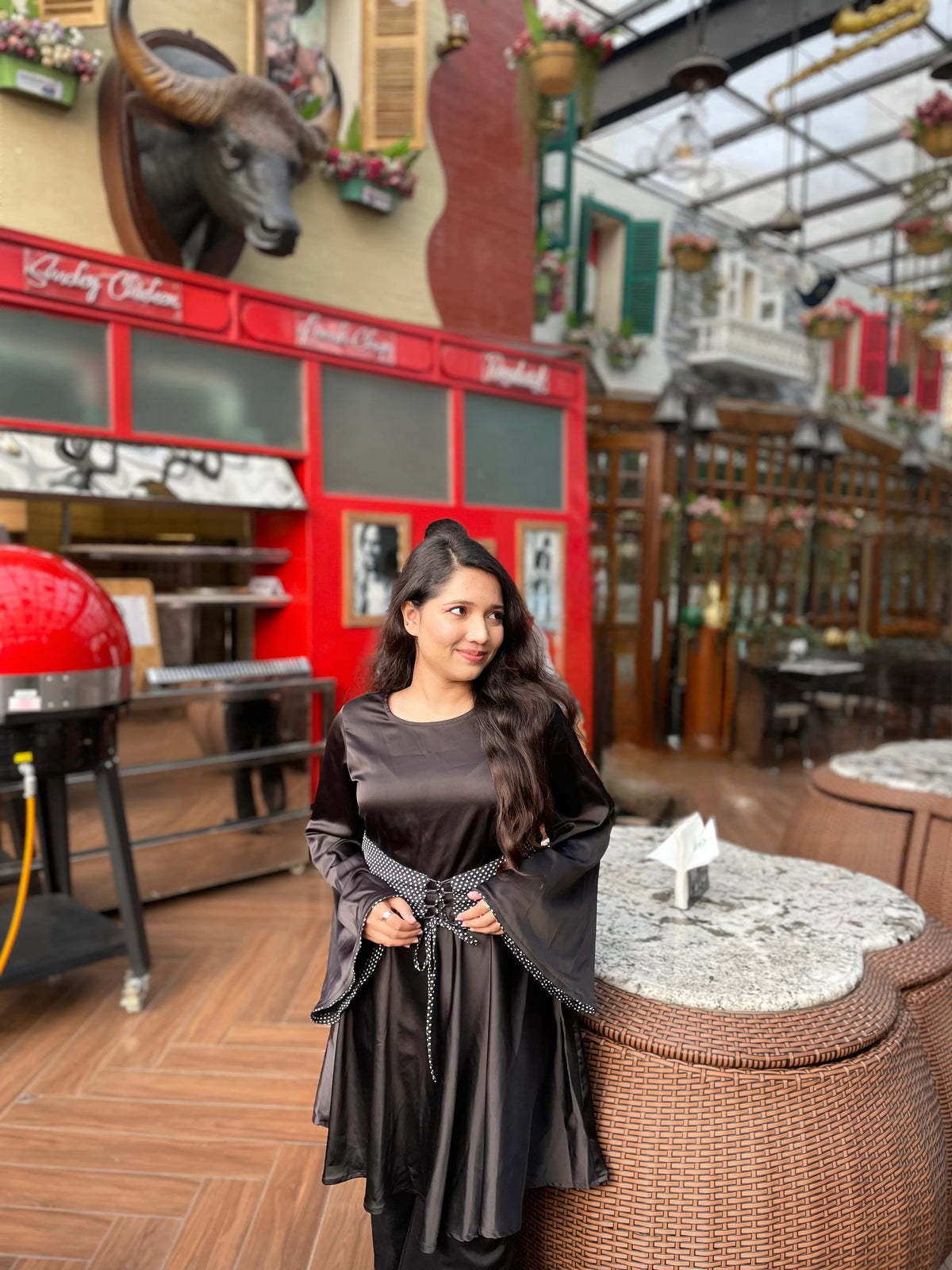 Venessa Black Satin Long Top With Drawstrings