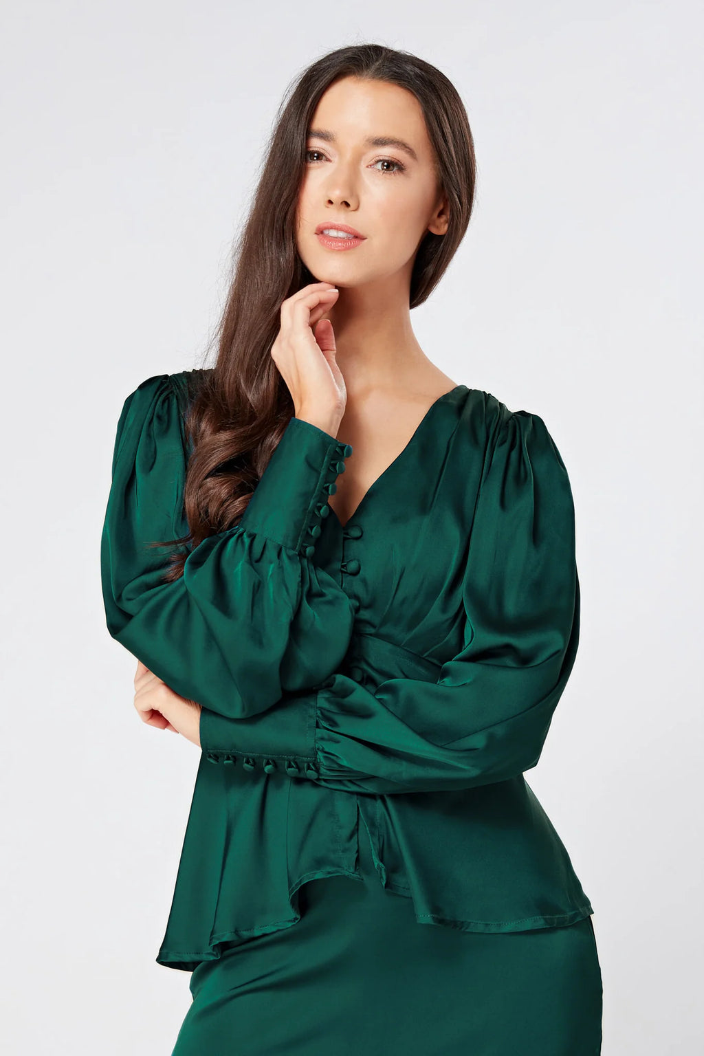 Elisa Dark Green Satin Buttoned Blouse