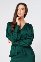 Elisa Dark Green Satin Buttoned Blouse
