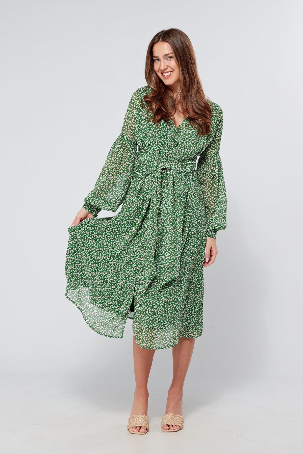 Sofia Green Midi Dress With Belted Front