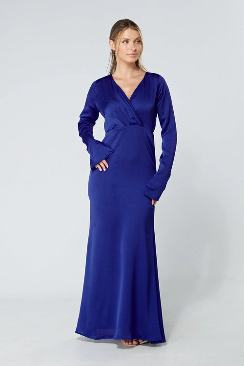 Alessandra Cobalt Blue Satin Crepe Maxi Dress