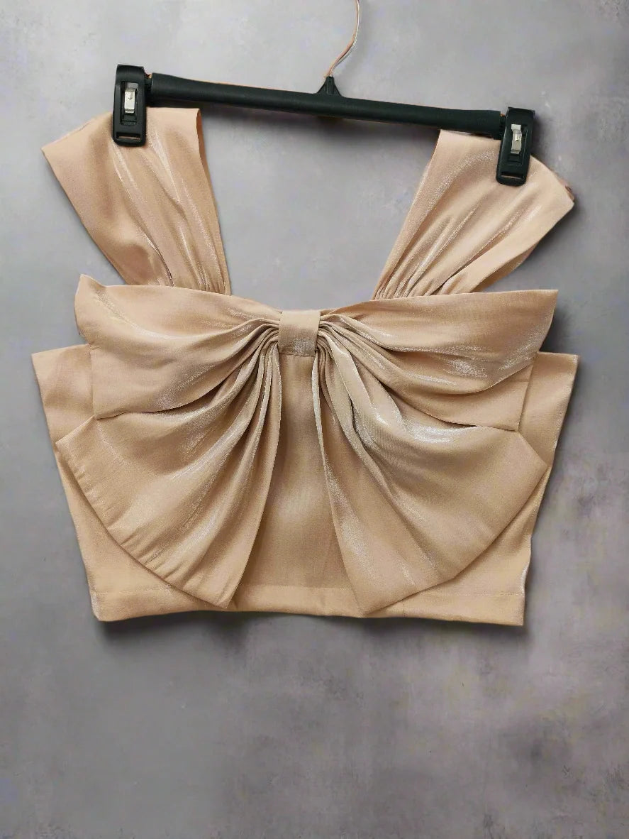 Soomin Shimmery Beige Crop Top With Oversized Bow