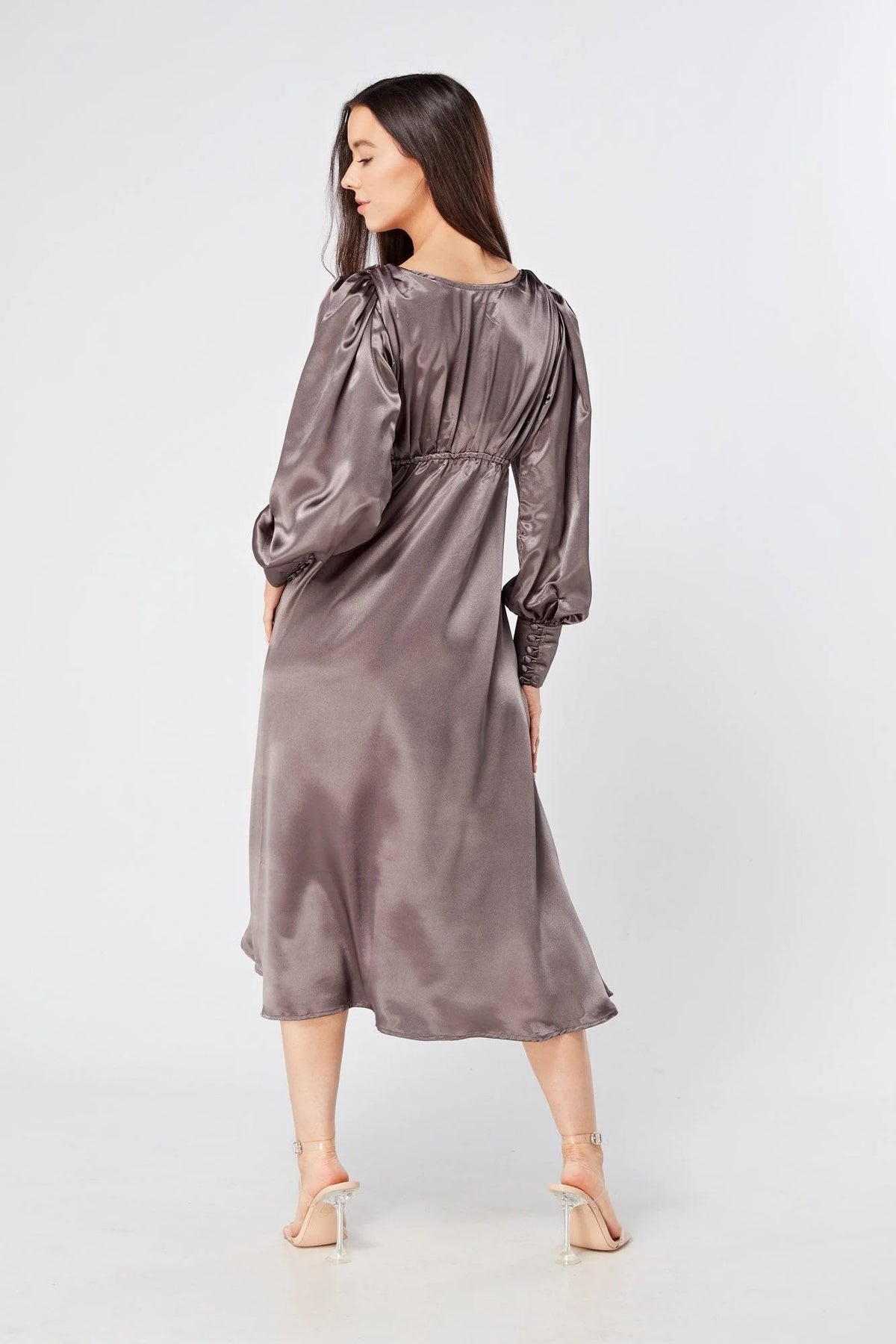 Zara Deep Grey Premium Satin Effect Midi Dress With Long Sleeves