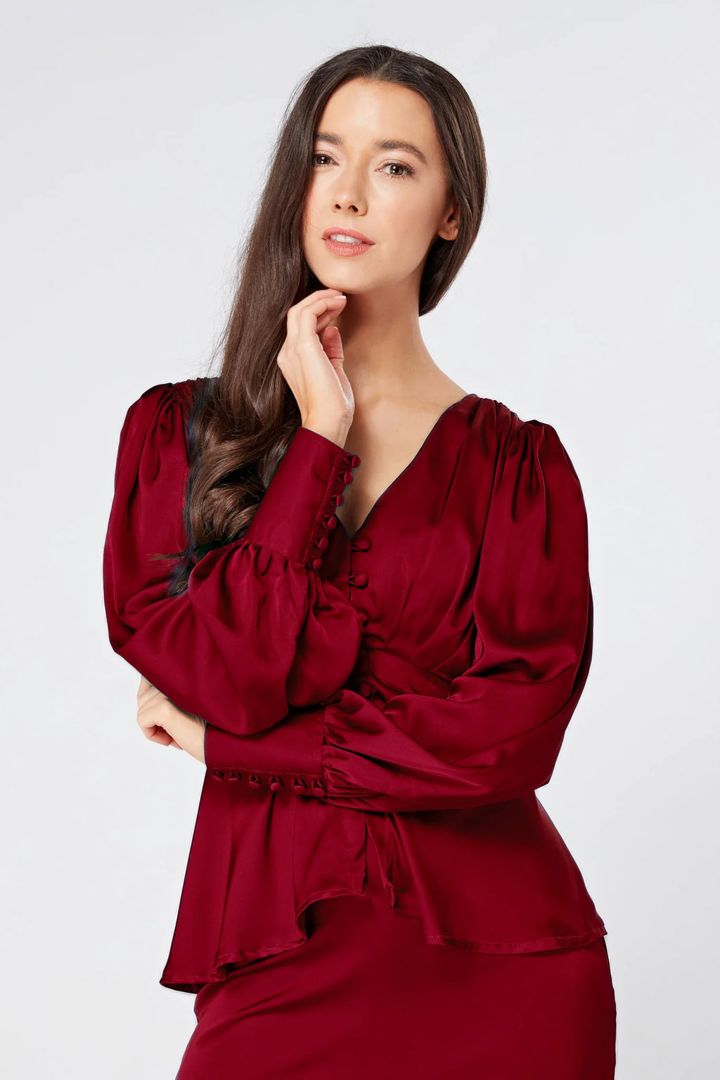 Elisa Deep Red Satin Buttoned Blouse