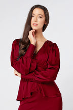 Elisa Deep Red Satin Buttoned Blouse
