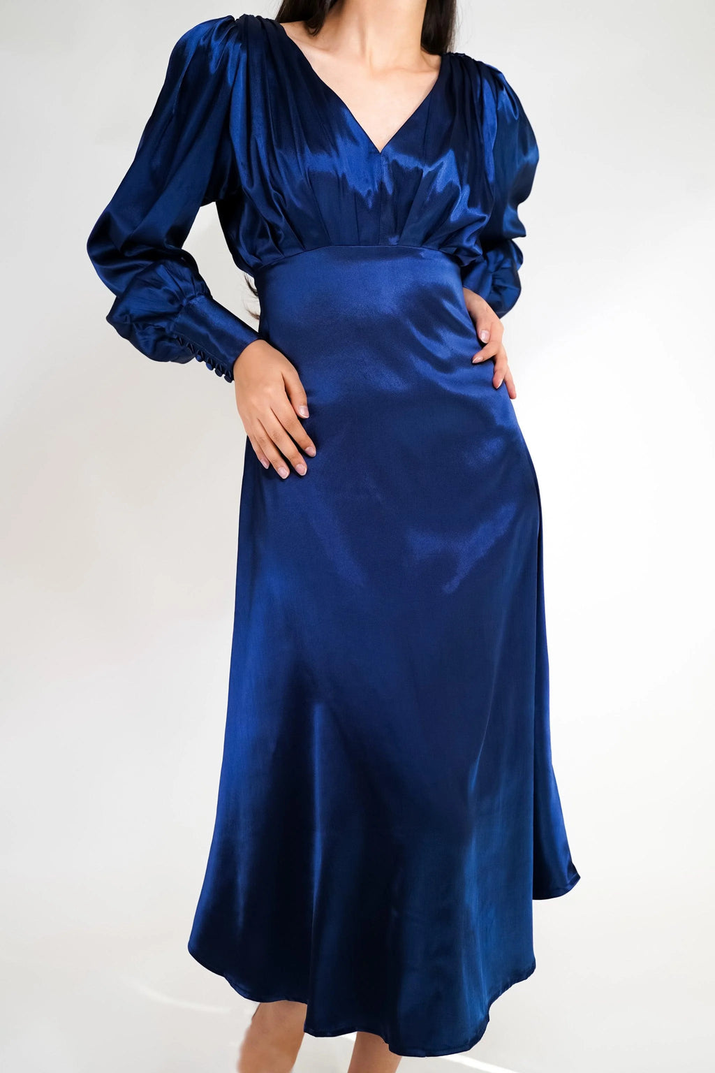 Celeste Dark Blue Premium Satin Midi Dress