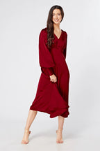 Nora Deep Red Satin Midi Dress With Long Sleeves