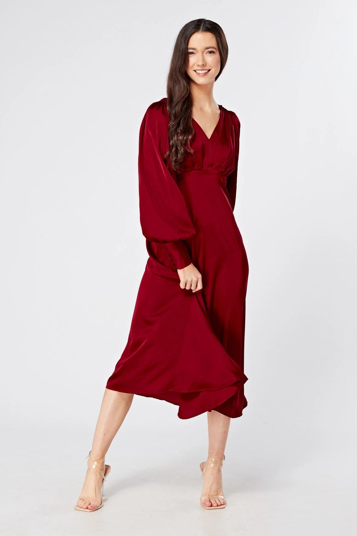 Nora Deep Red Satin Midi Dress With Long Sleeves