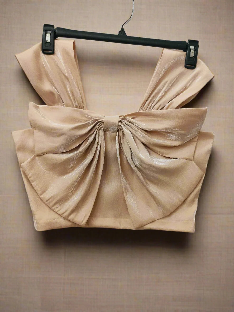 Soomin Shimmery Beige Crop Top With Oversized Bow