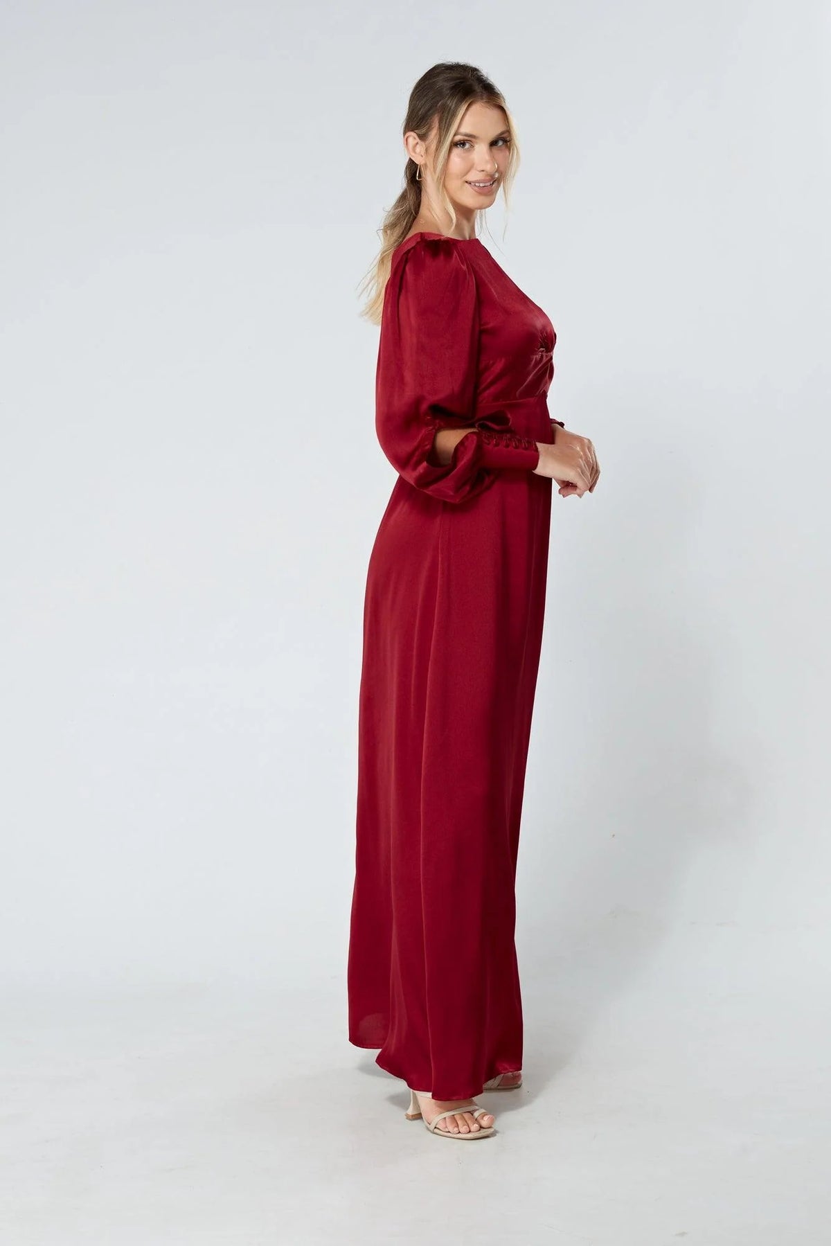 Lila Deep Red Knotted Front Soft Crepe Maxi Dress