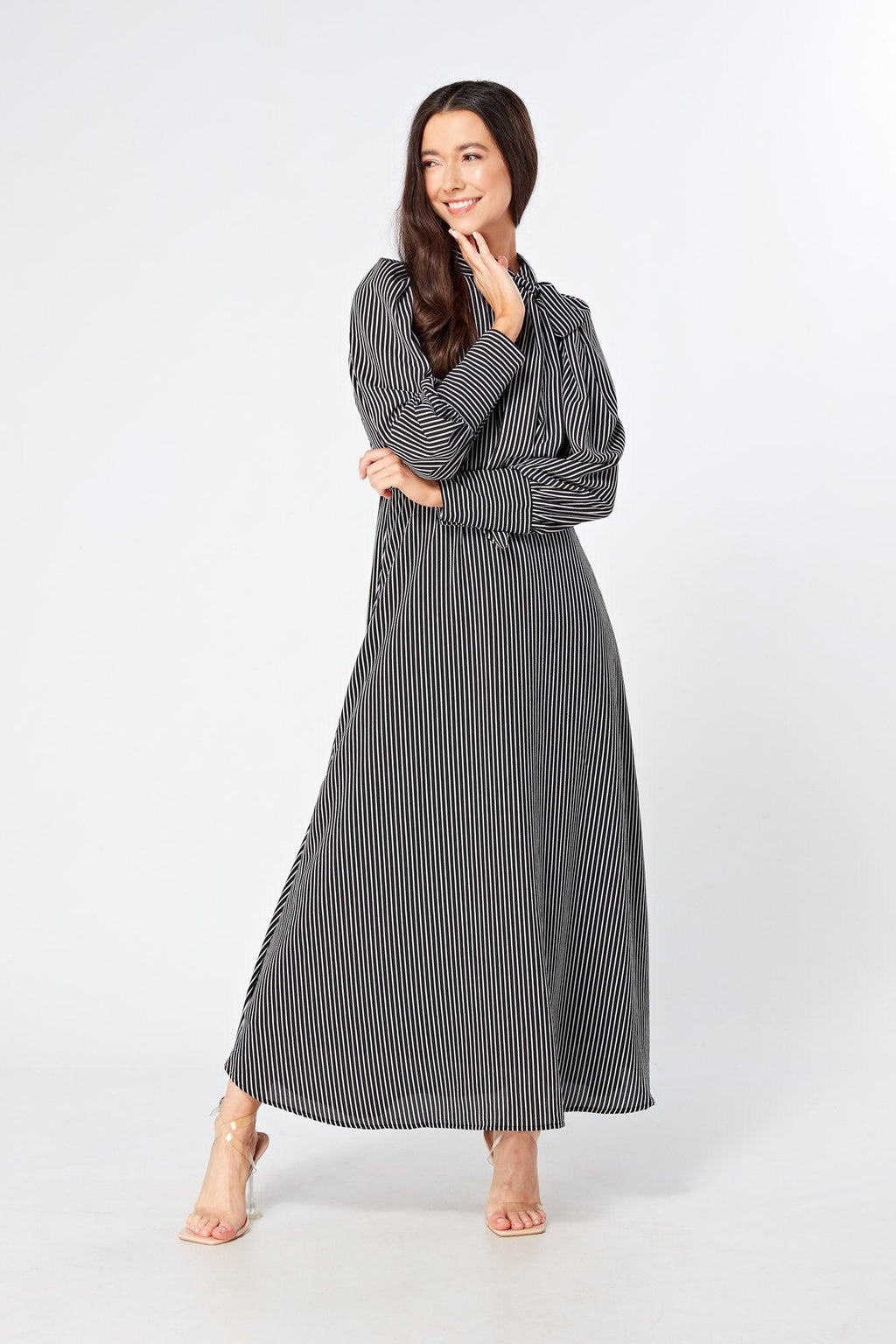 Lilia High Neck Pussybow Black And White Maxi Dress