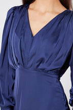 Afina Dark Blue Satin Maxi Dress With Long Sleeves