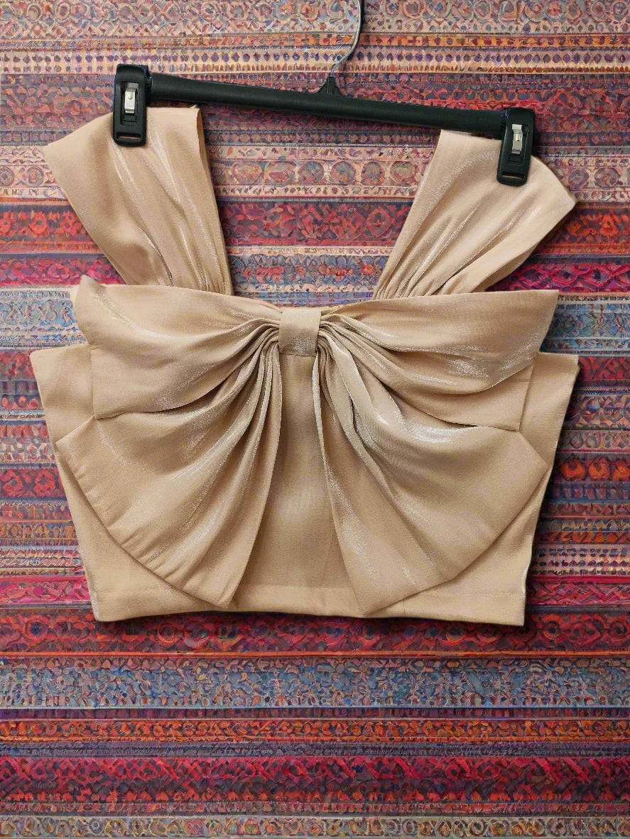 Soomin Shimmery Beige Crop Top With Oversized Bow