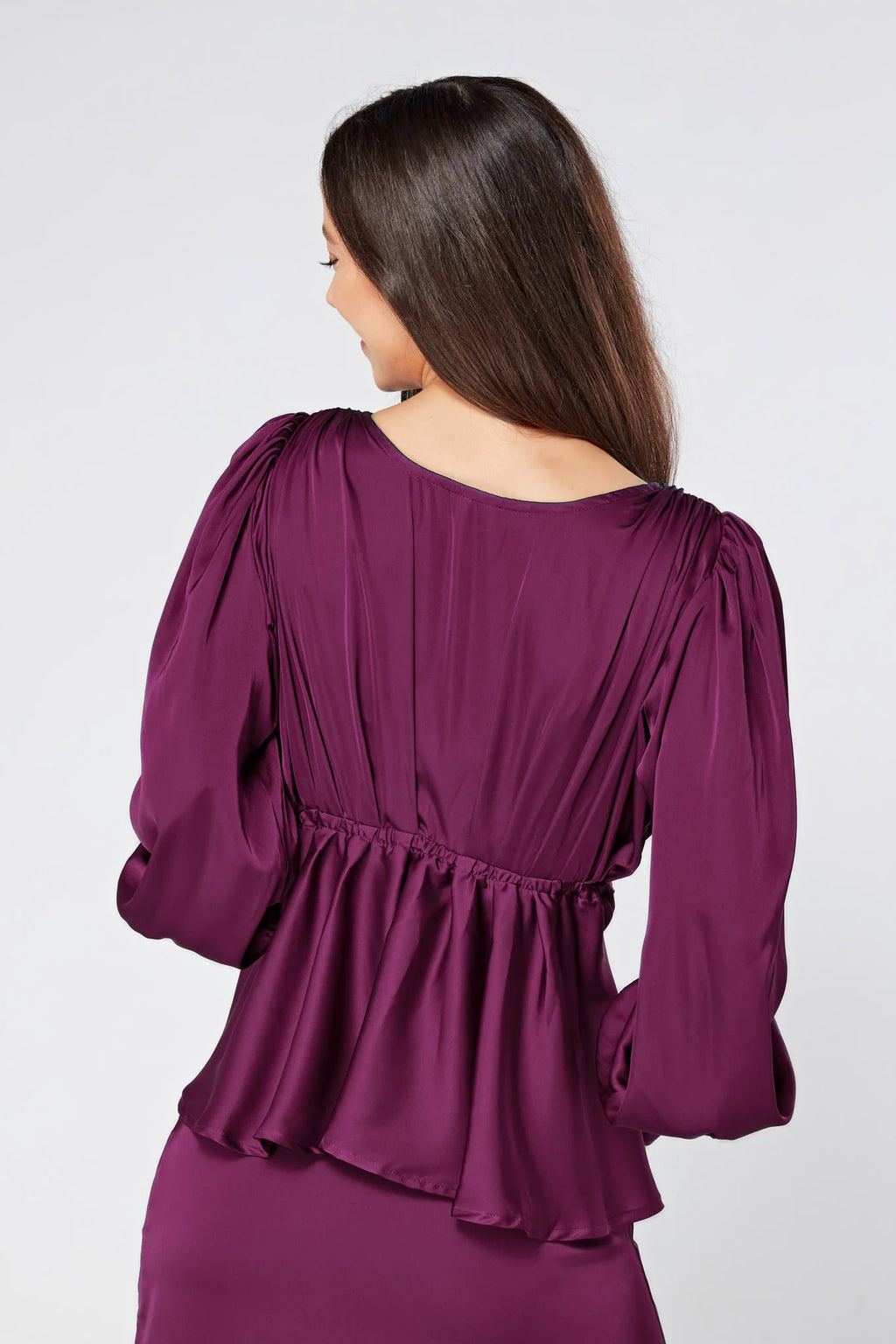 Elisa Plum Purple Crepe Satin Buttoned Blouse