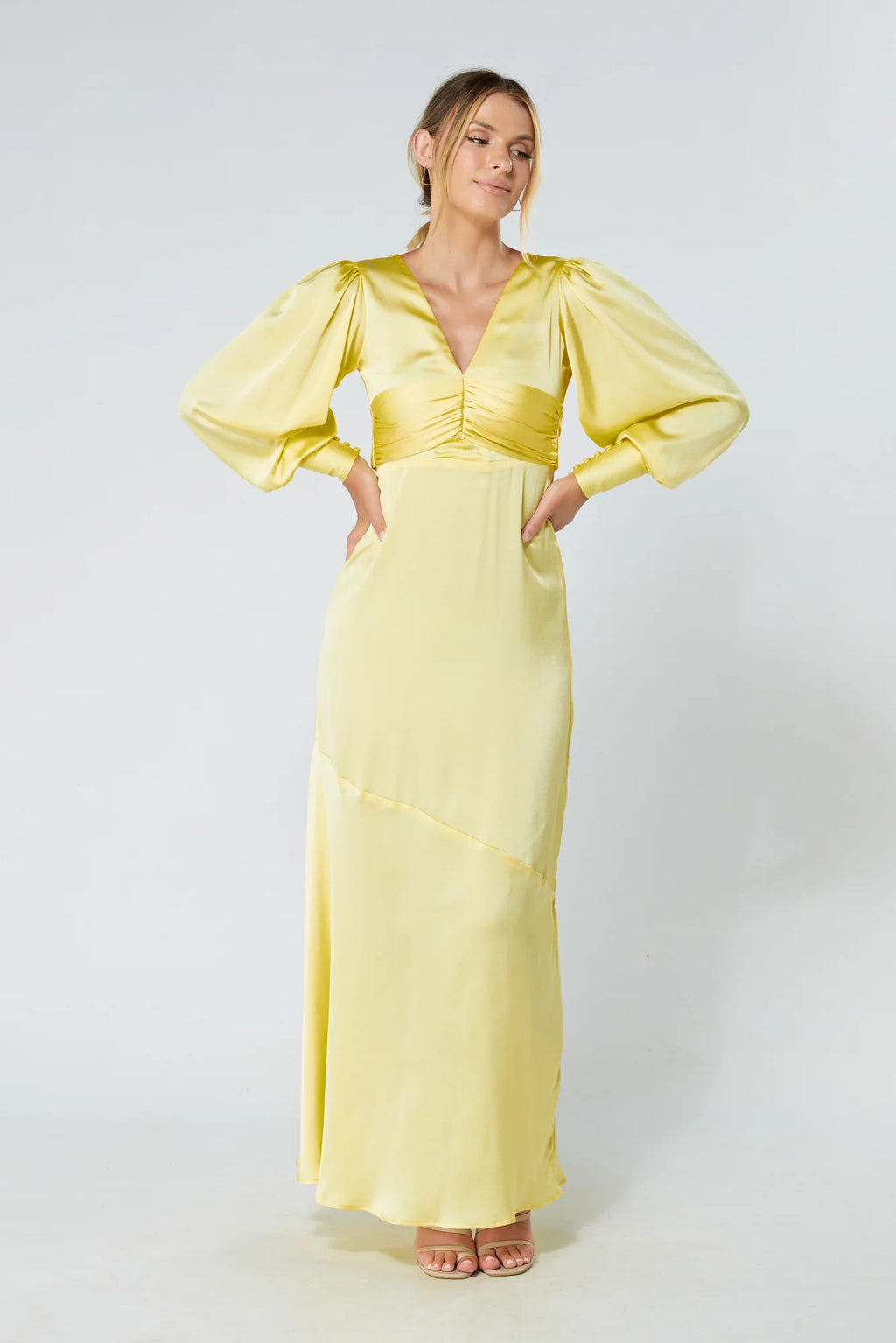 Naomi Yellow Satin Maxi Dress