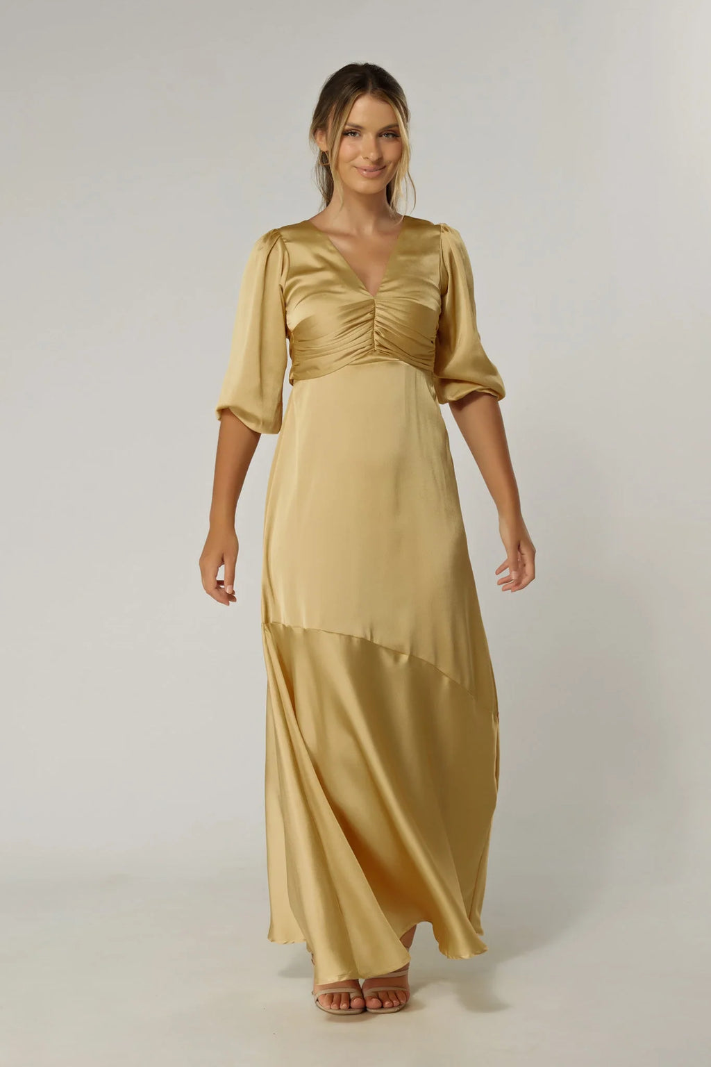Naomi Light Gold Satin Maxi Dress