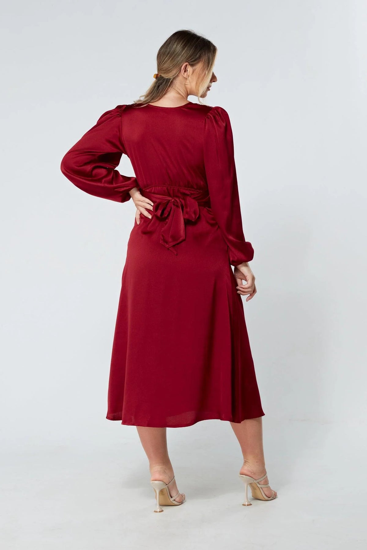 Calissa Deep Red Satin Midaxi Dress