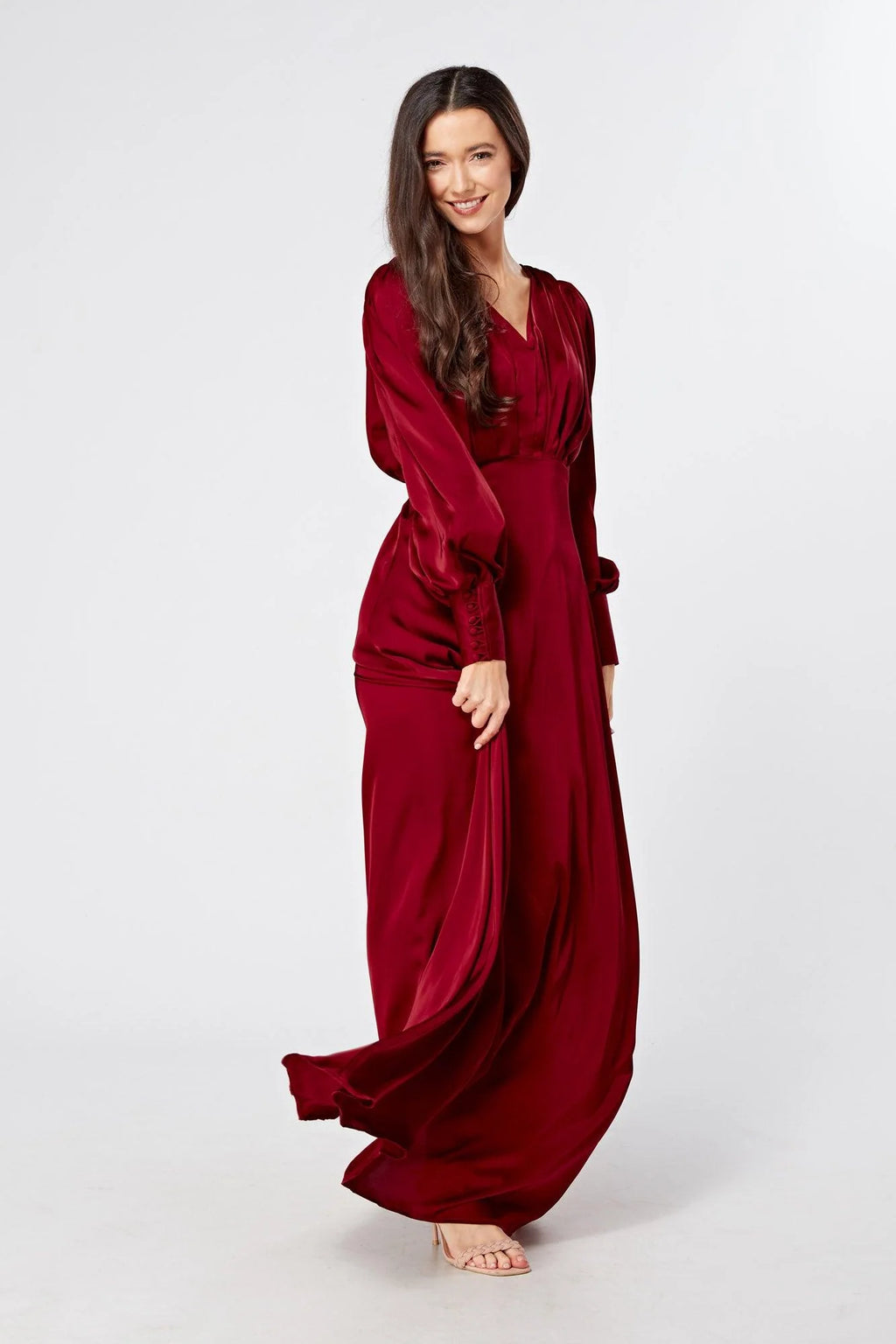 Norina Deep Red Satin Maxi Dress With Long Sleeves